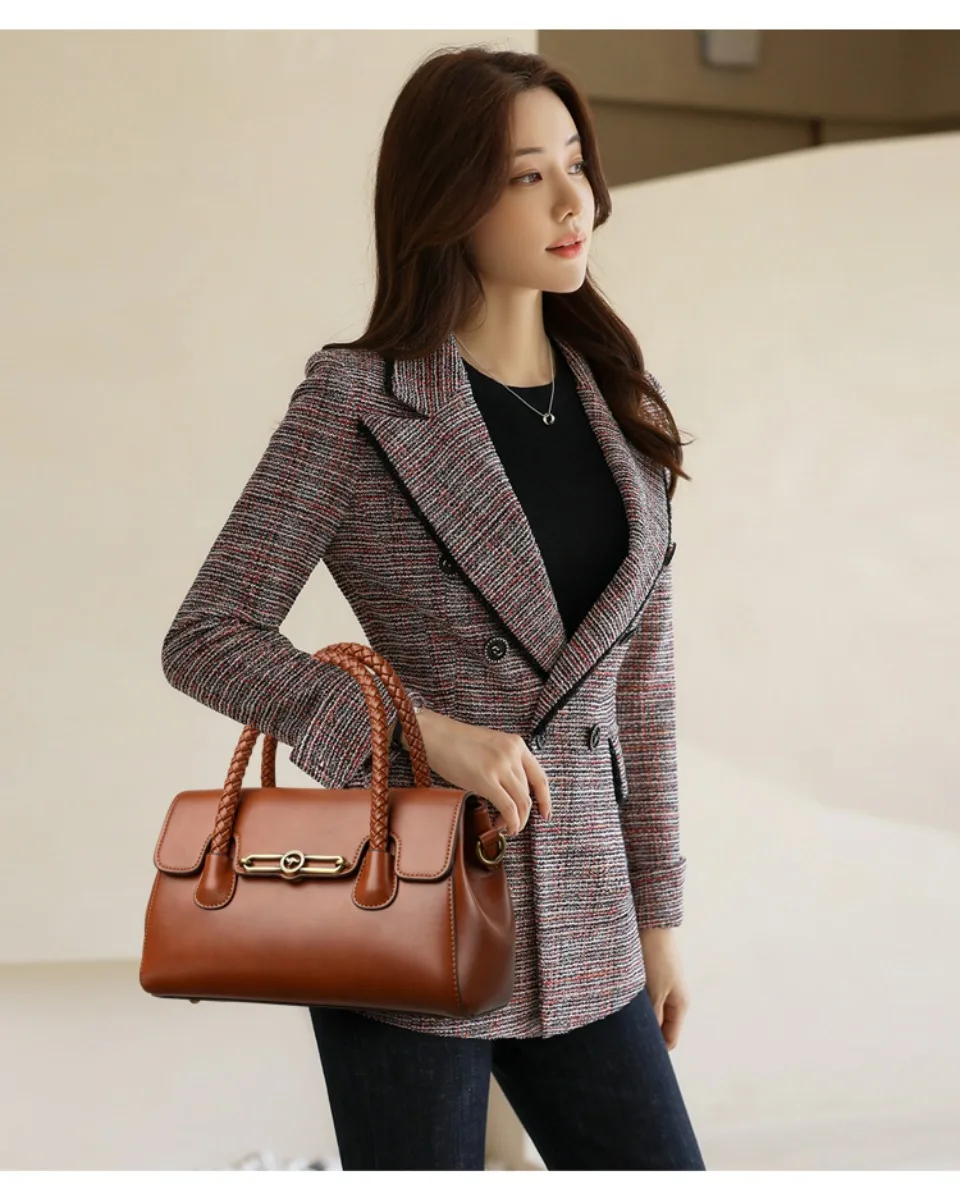 Woven Handle High Quality Leather Women Top-handle Shoulder Bags Retro Casual Totes Latest Trendy Lock Designer Handbag Small