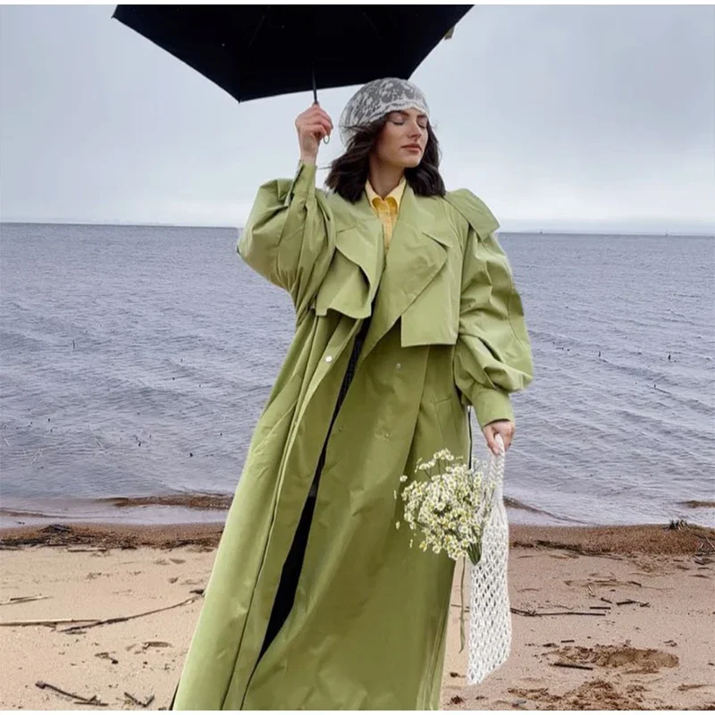 Women Green Oversized Belt Overcoat Elegant Long Sleeve Pleated Lapel Lace Up Windbreaker Autumn Lady Daily Street Outerwear