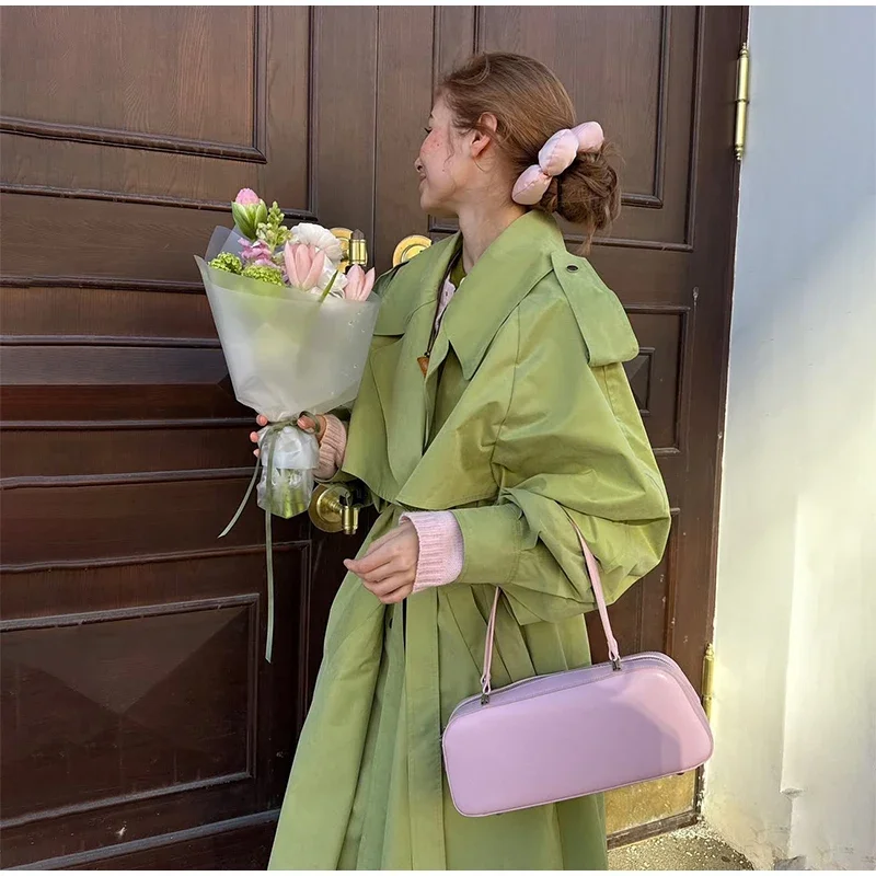 Women Green Oversized Belt Overcoat Elegant Long Sleeve Pleated Lapel Lace Up Windbreaker Autumn Lady Daily Street Outerwear