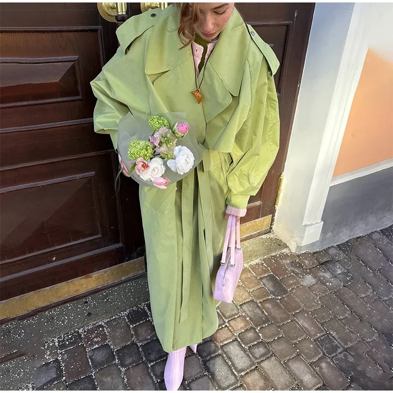 Women Green Oversized Belt Overcoat Elegant Long Sleeve Pleated Lapel Lace Up Windbreaker Autumn Lady Daily Street Outerwear