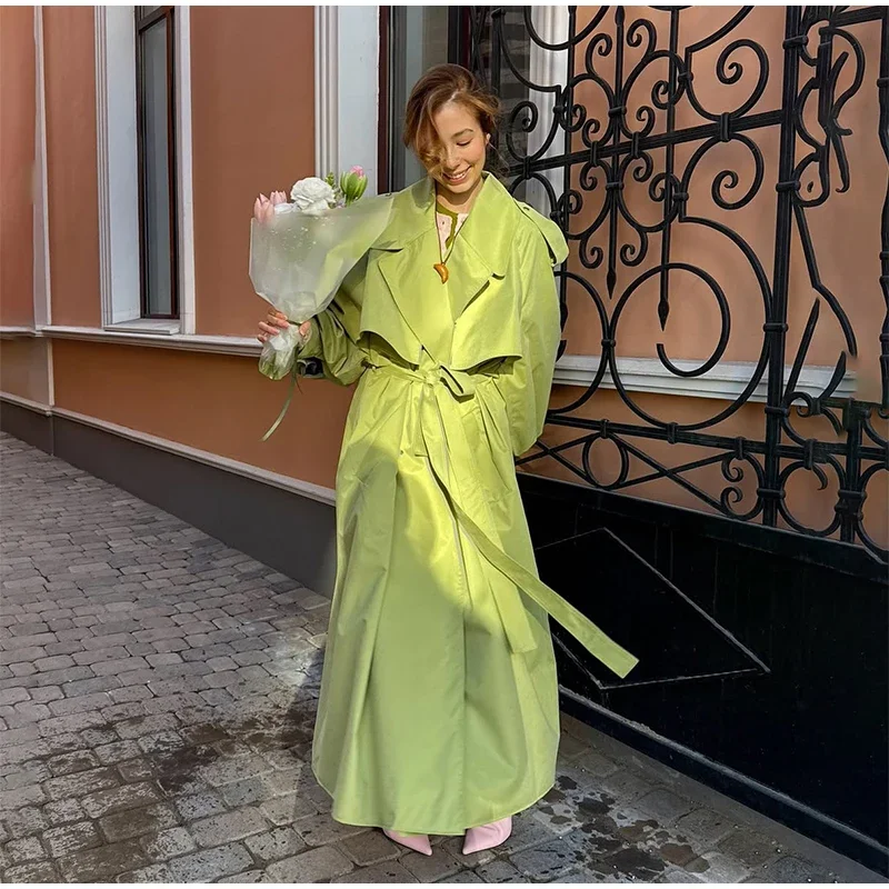 Women Green Oversized Belt Overcoat Elegant Long Sleeve Pleated Lapel Lace Up Windbreaker Autumn Lady Daily Street Outerwear