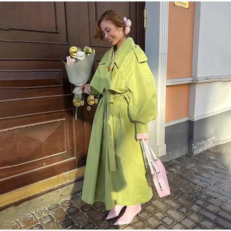 Women Green Oversized Belt Overcoat Elegant Long Sleeve Pleated Lapel Lace Up Windbreaker Autumn Lady Daily Street Outerwear