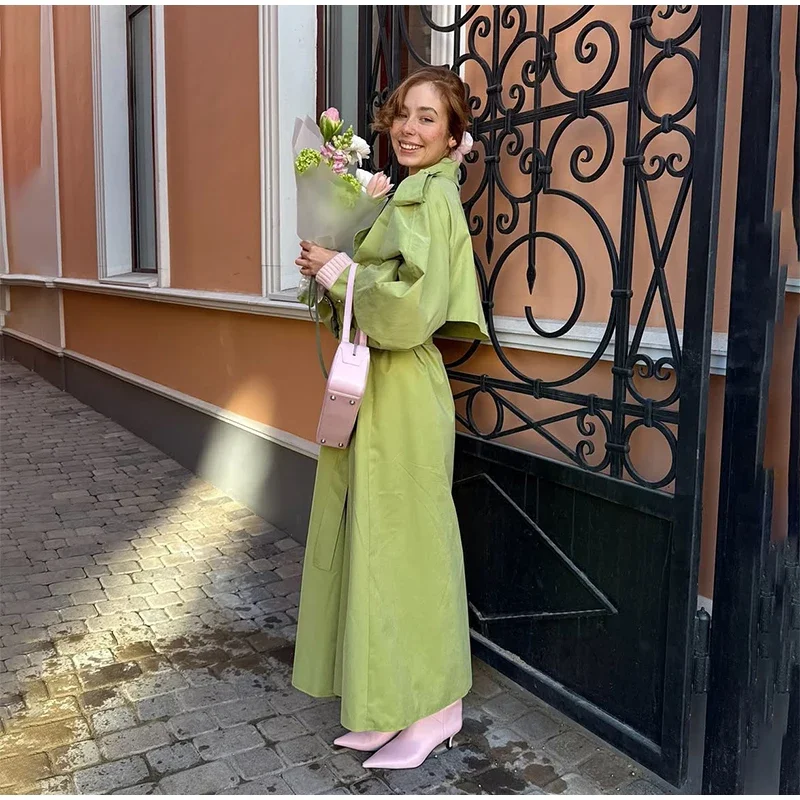 Women Green Oversized Belt Overcoat Elegant Long Sleeve Pleated Lapel Lace Up Windbreaker Autumn Lady Daily Street Outerwear