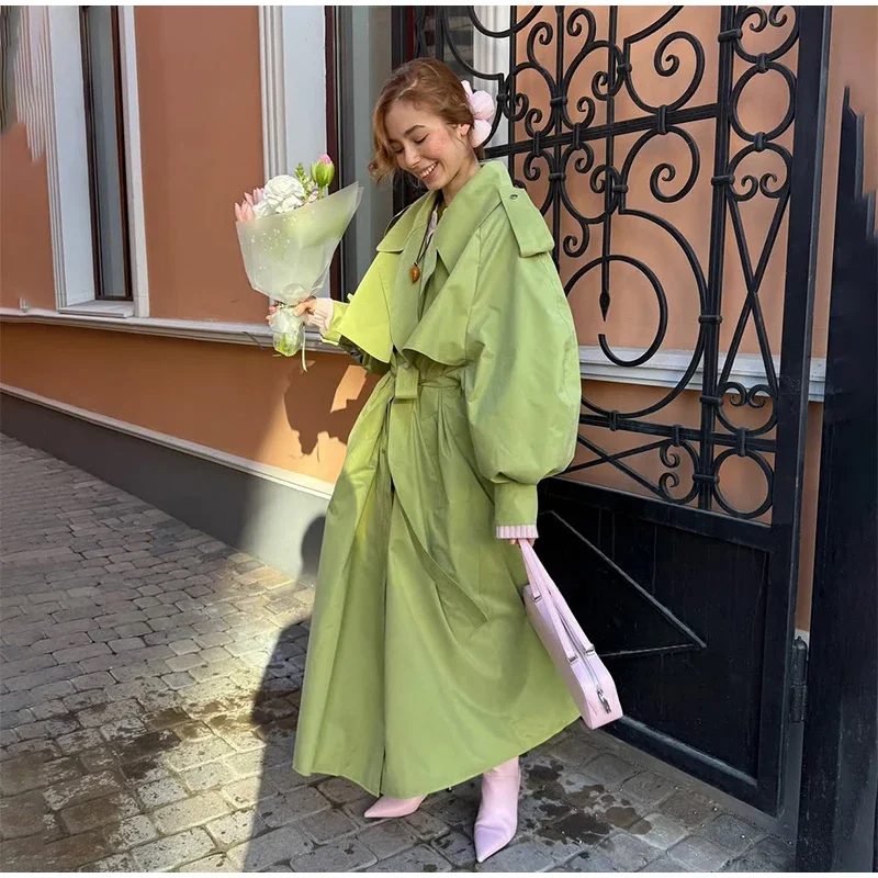 Women Green Oversized Belt Overcoat Elegant Long Sleeve Pleated Lapel Lace Up Windbreaker Autumn Lady Daily Street Outerwear