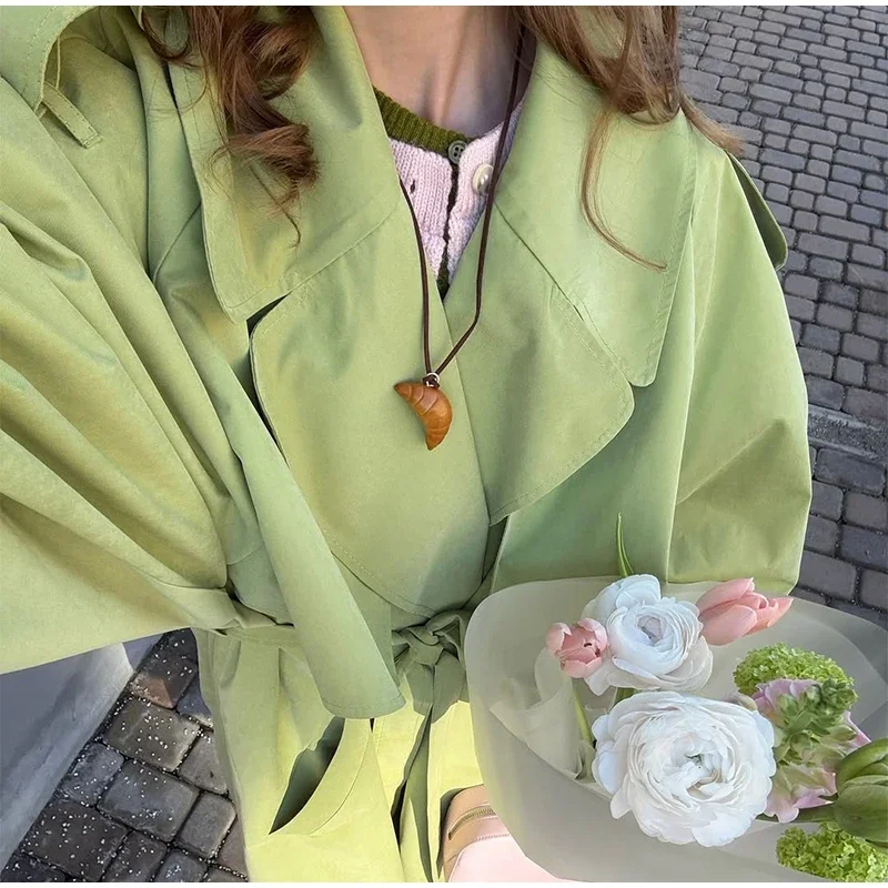 Women Green Oversized Belt Overcoat Elegant Long Sleeve Pleated Lapel Lace Up Windbreaker Autumn Lady Daily Street Outerwear