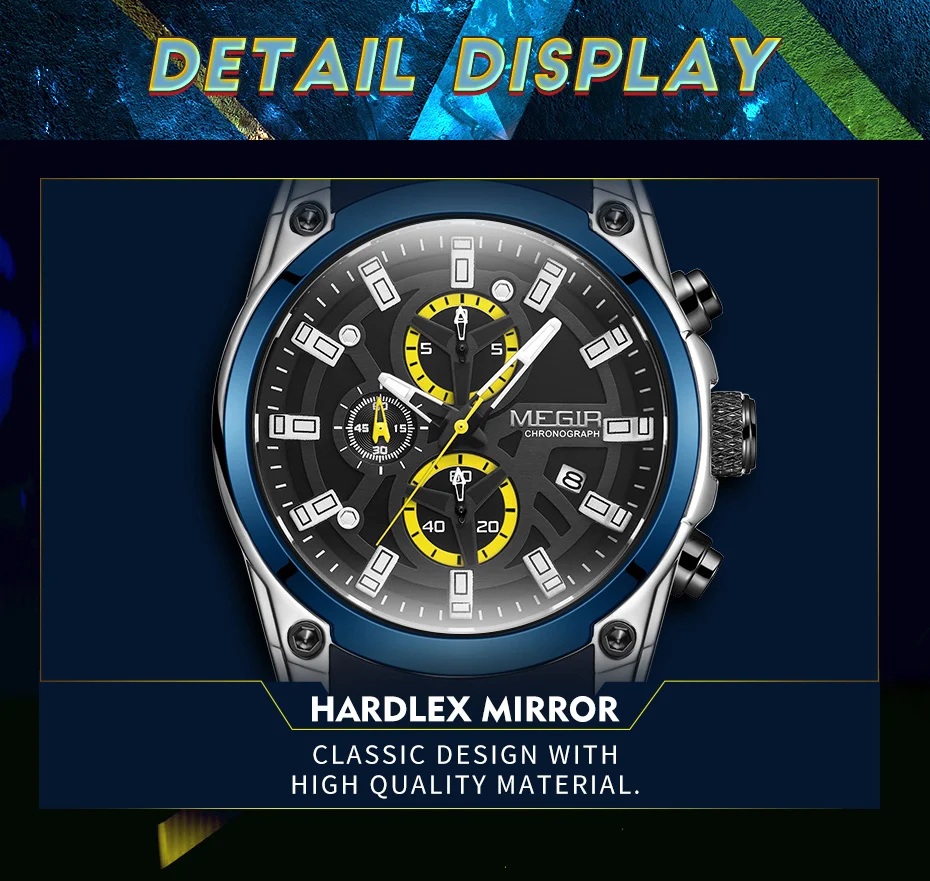 MEGIR Original Blue Sport Watch for Men Luxury Military Quartz Chronograph Clock Luminous Big Dial Wristwatch Montre Homme 2144