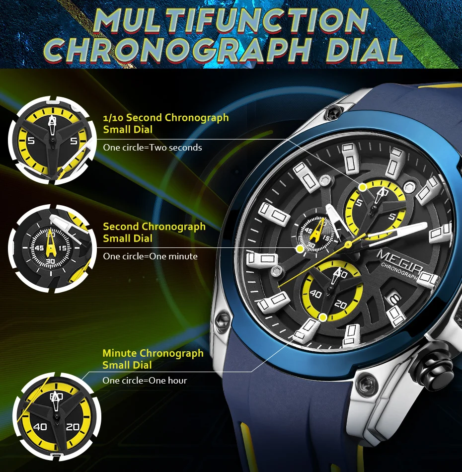 MEGIR Original Blue Sport Watch for Men Luxury Military Quartz Chronograph Clock Luminous Big Dial Wristwatch Montre Homme 2144