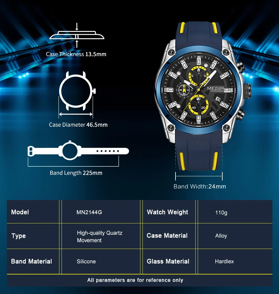 MEGIR Original Blue Sport Watch for Men Luxury Military Quartz Chronograph Clock Luminous Big Dial Wristwatch Montre Homme 2144