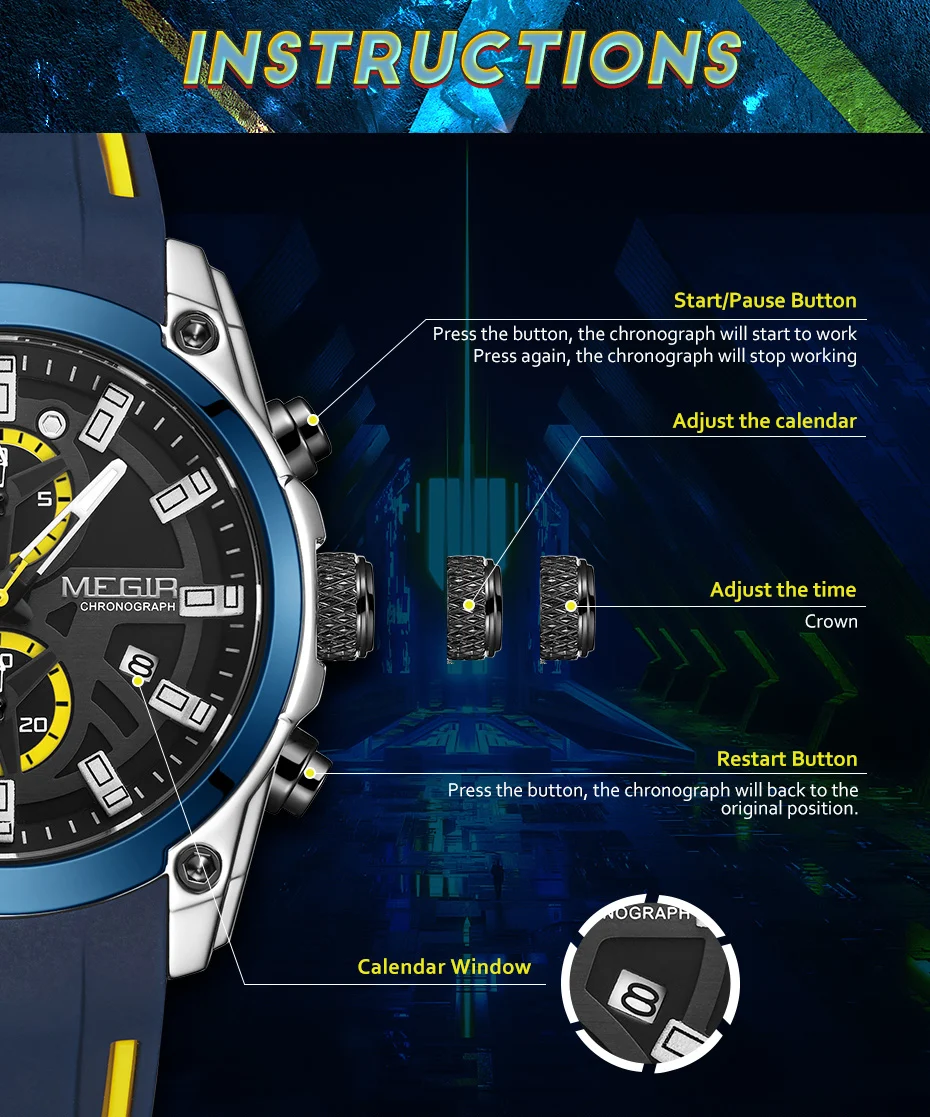 MEGIR Original Blue Sport Watch for Men Luxury Military Quartz Chronograph Clock Luminous Big Dial Wristwatch Montre Homme 2144