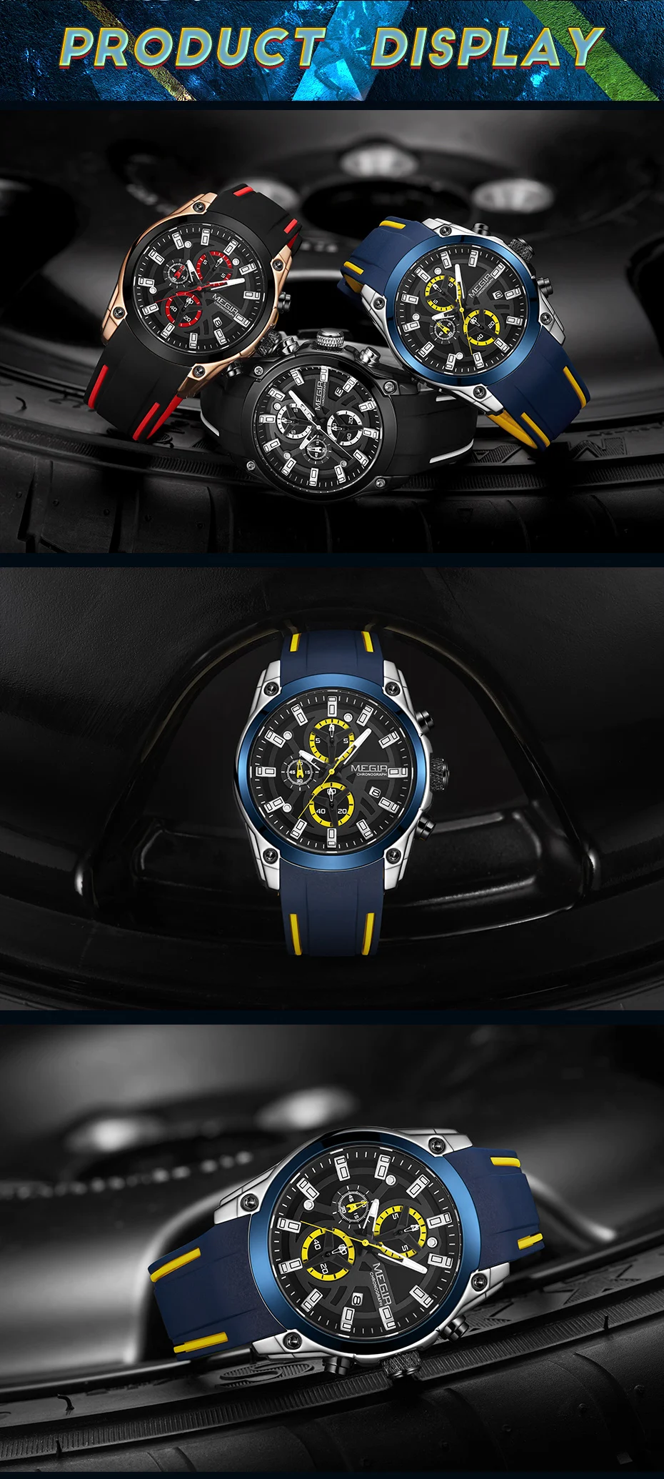 MEGIR Original Blue Sport Watch for Men Luxury Military Quartz Chronograph Clock Luminous Big Dial Wristwatch Montre Homme 2144
