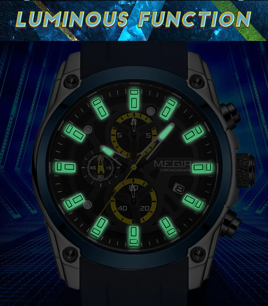 MEGIR Original Blue Sport Watch for Men Luxury Military Quartz Chronograph Clock Luminous Big Dial Wristwatch Montre Homme 2144