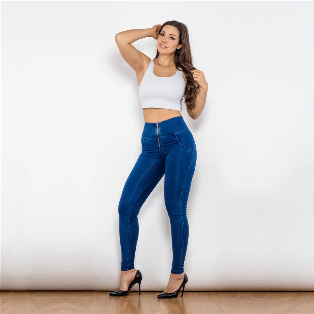 Shascullfites Melody High-Waist Zipper Fly Jeggings Butt Lift Stretch Blue Denim Jeans for Women