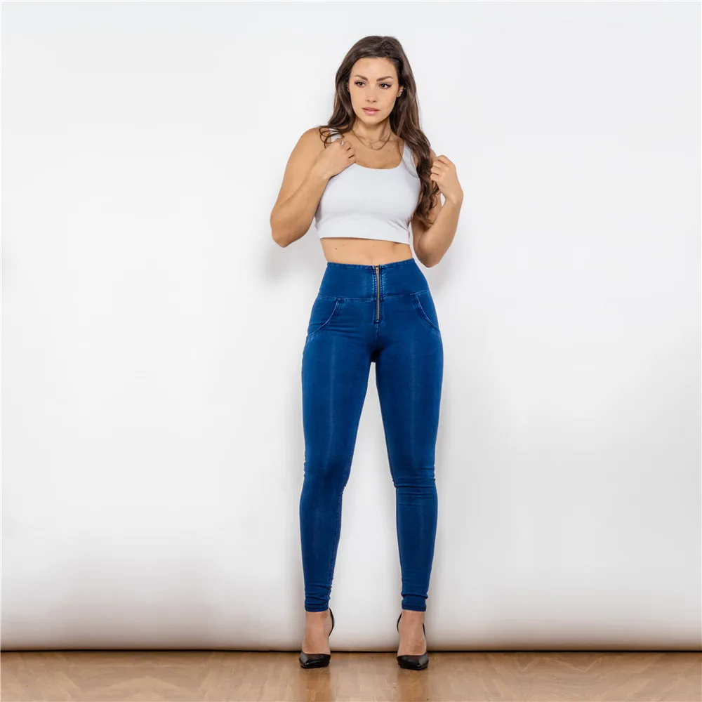 Shascullfites Melody High-Waist Zipper Fly Jeggings Butt Lift Stretch Blue Denim Jeans for Women