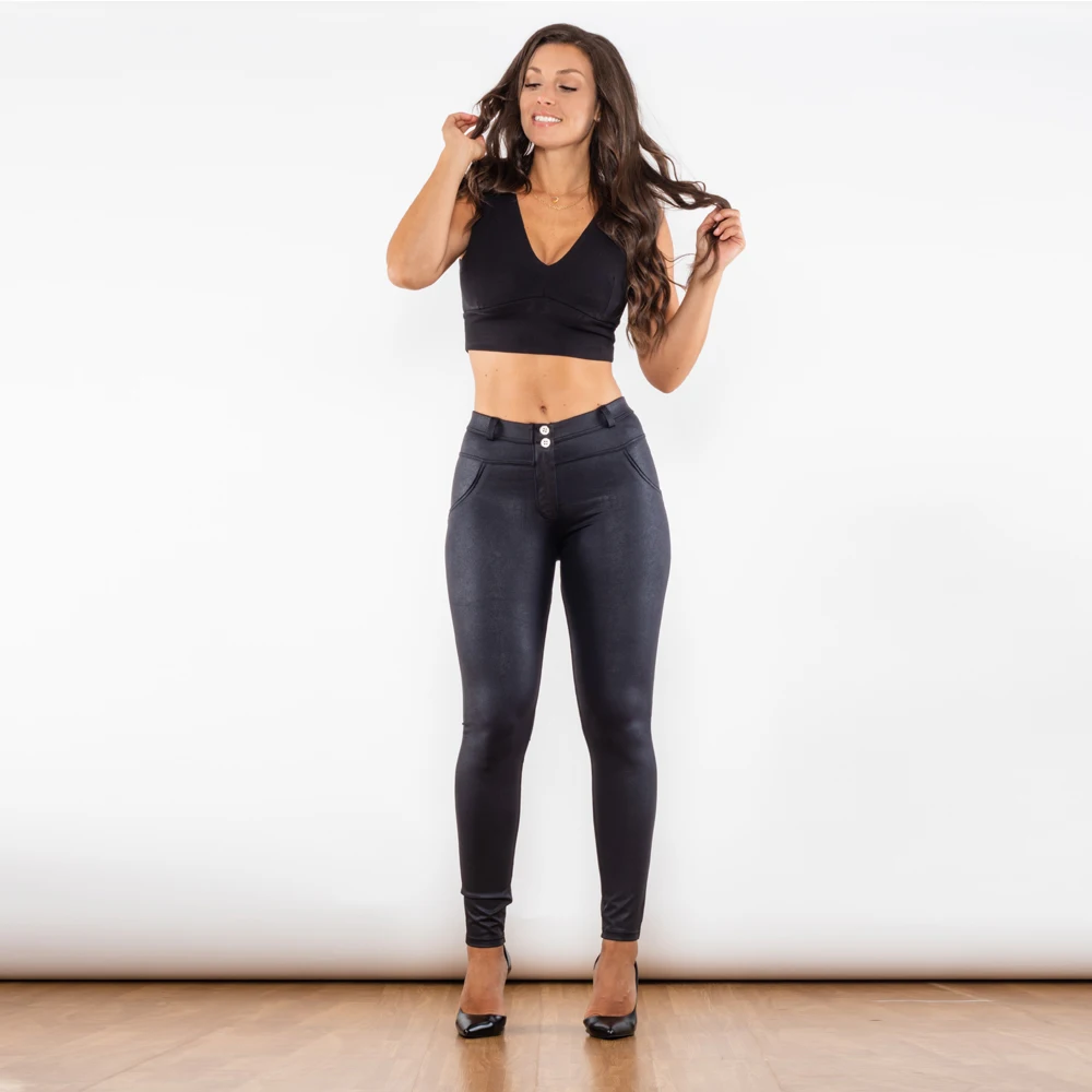 Shascullfites Women's Black Yoga Leggings Super Stretchable Breathable Crackle Coated Middle Lift Shaping Gym Pants
