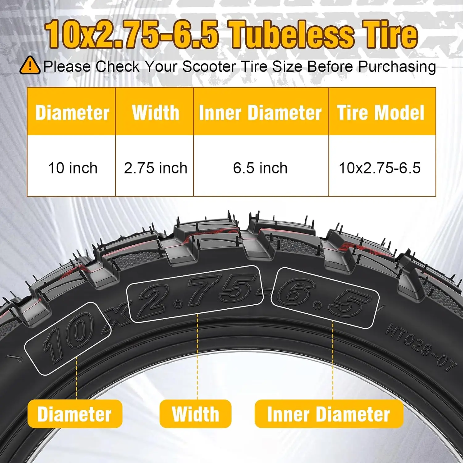 10x2.75-6.5 Tubeless Tire with Valves 10 Inch Vacuum Tires for Speedway 5 Dualtron 3 Hover-1 Alpha Hiboy Titan Electric Scooter