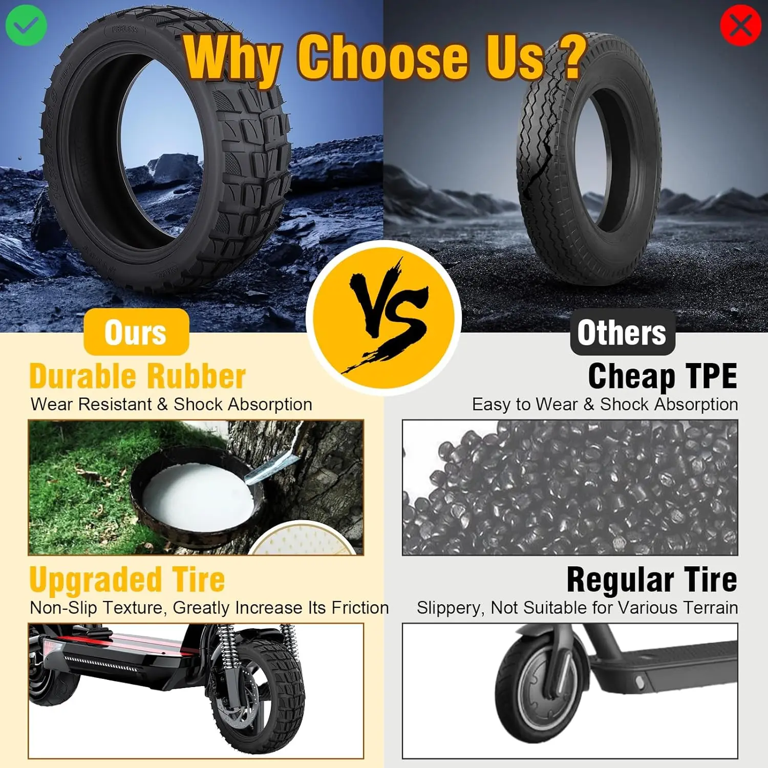 10x2.75-6.5 Tubeless Tire with Valves 10 Inch Vacuum Tires for Speedway 5 Dualtron 3 Hover-1 Alpha Hiboy Titan Electric Scooter