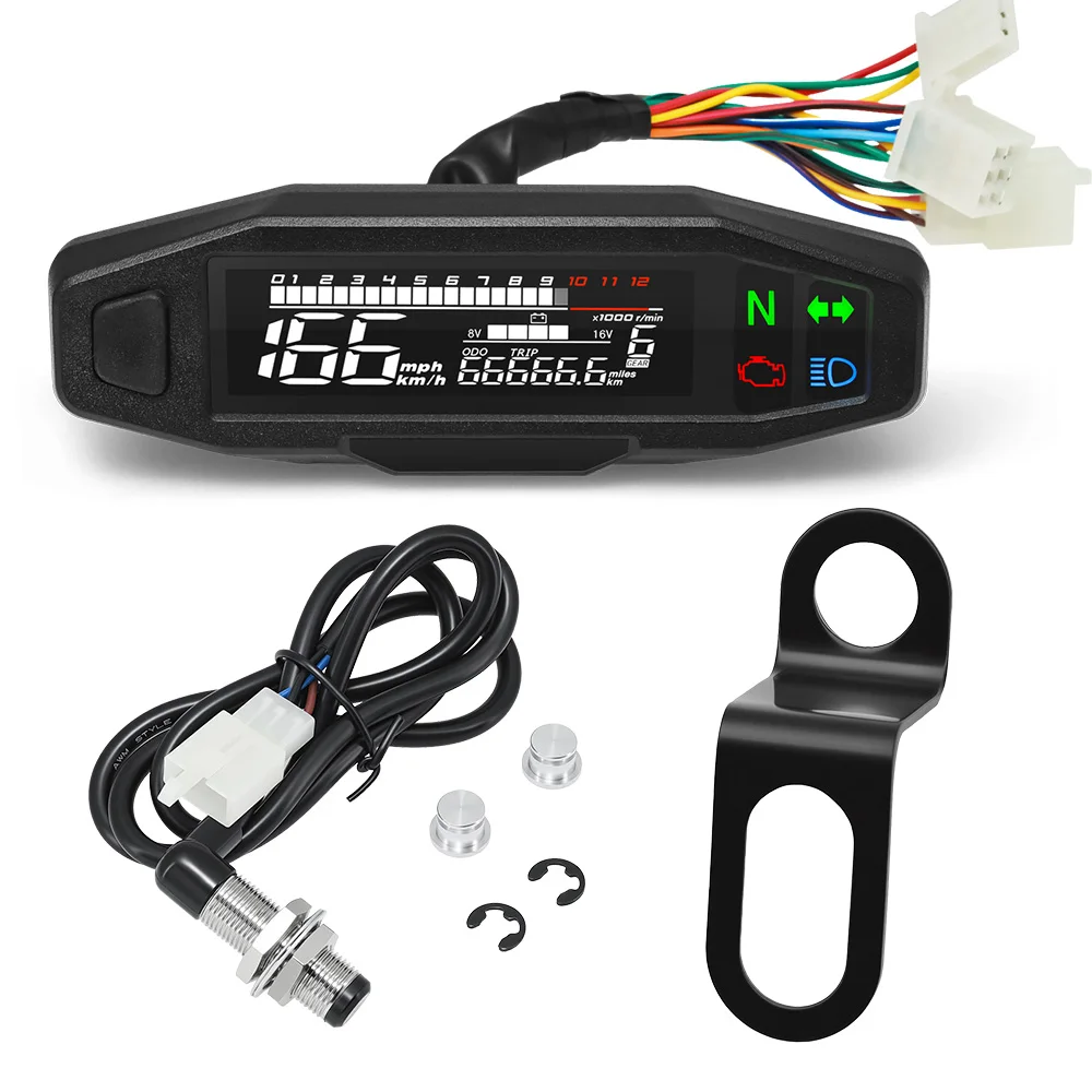 Motorcycle Speedometer 0-12000RPM Tachometer Voltage Gauge 1-6 Gear Meter Odometer Instrument For 12V Motor Waterproof Universal