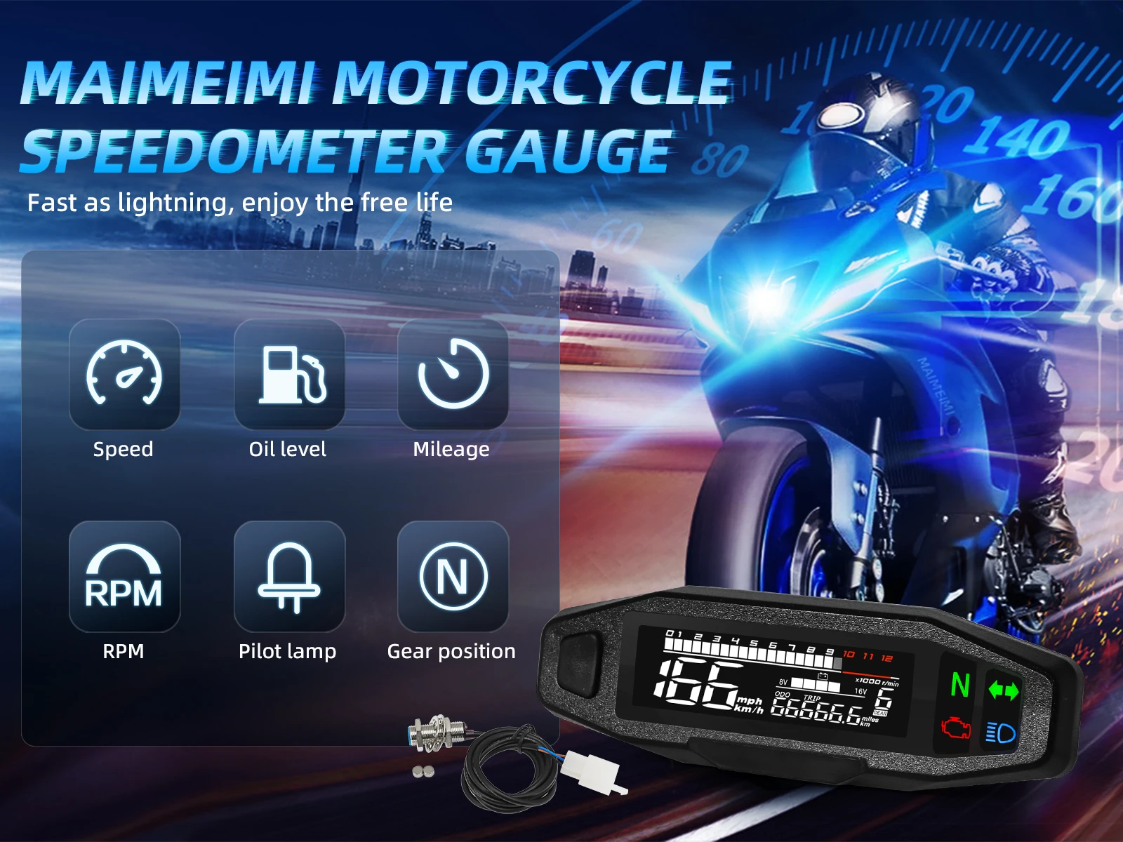 Motorcycle Speedometer 0-12000RPM Tachometer Voltage Gauge 1-6 Gear Meter Odometer Instrument For 12V Motor Waterproof Universal