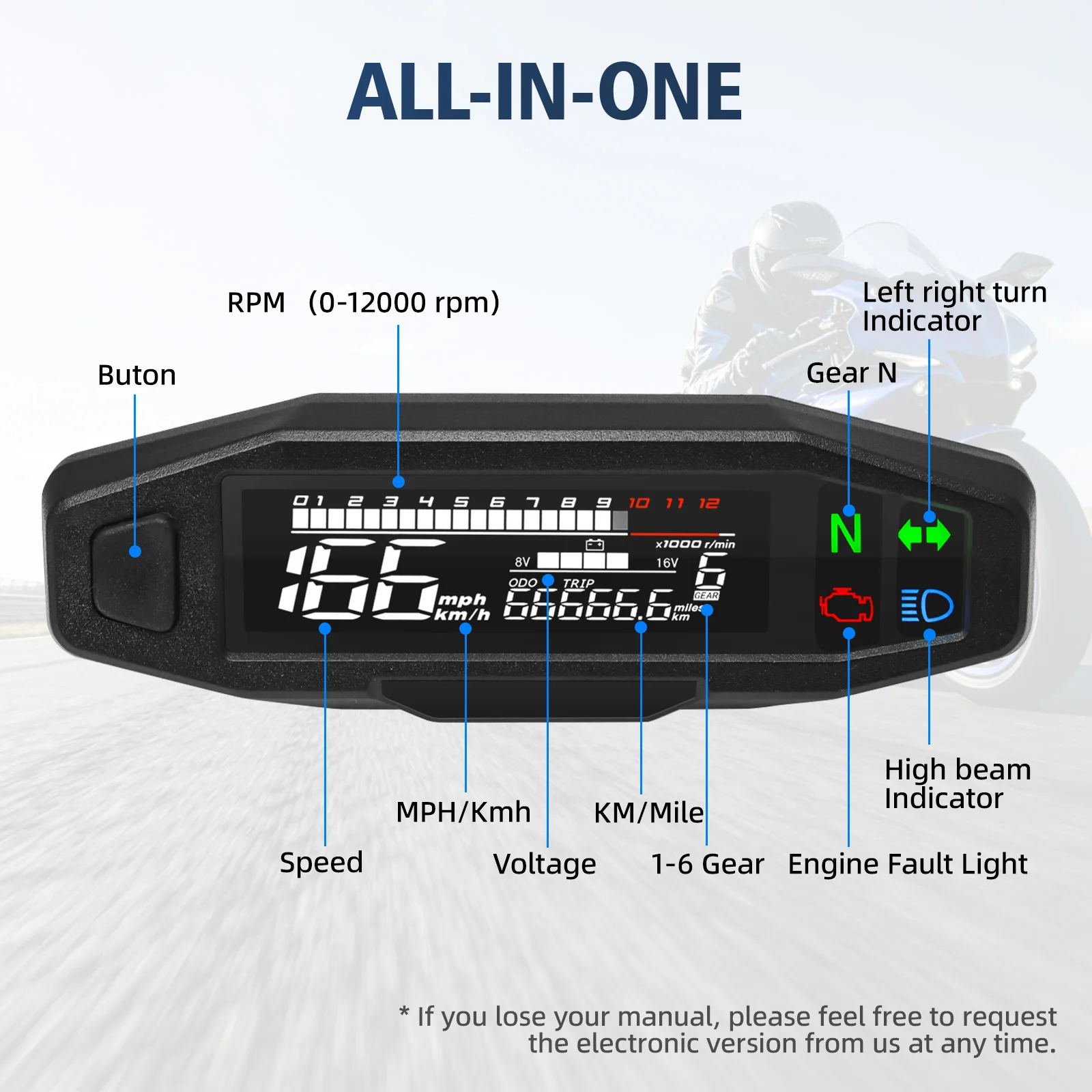 Motorcycle Speedometer 0-12000RPM Tachometer Voltage Gauge 1-6 Gear Meter Odometer Instrument For 12V Motor Waterproof Universal