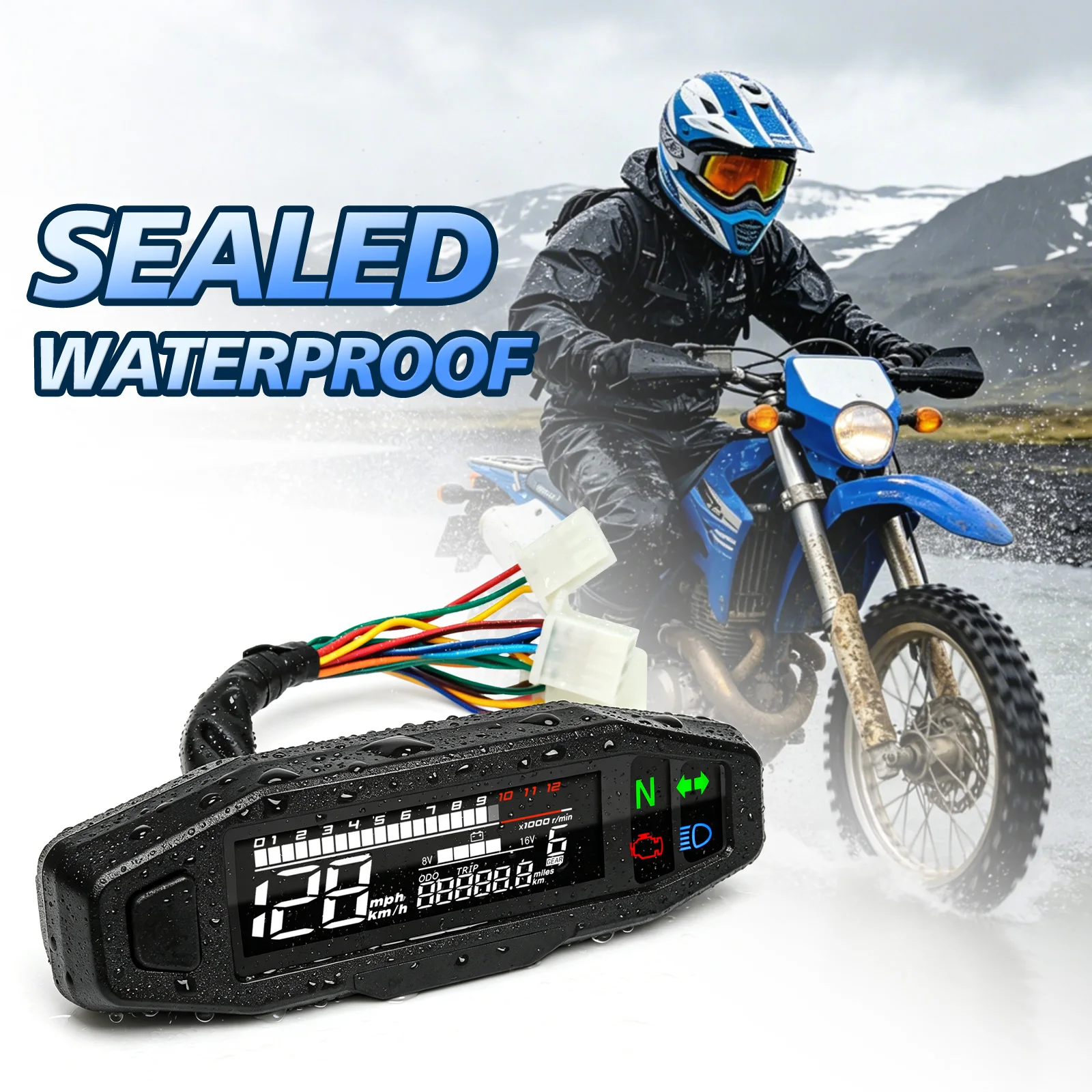 Motorcycle Speedometer 0-12000RPM Tachometer Voltage Gauge 1-6 Gear Meter Odometer Instrument For 12V Motor Waterproof Universal