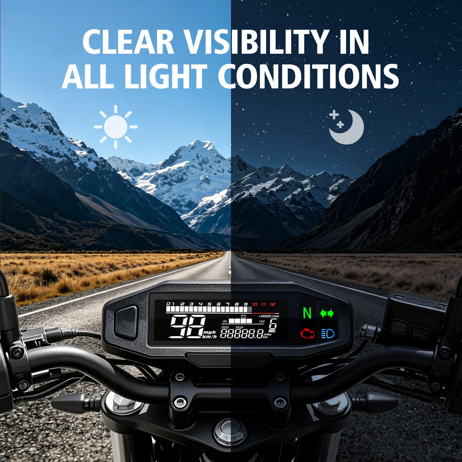 Motorcycle Speedometer 0-12000RPM Tachometer Voltage Gauge 1-6 Gear Meter Odometer Instrument For 12V Motor Waterproof Universal