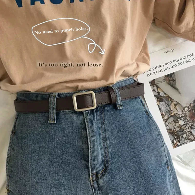 Square Metal Buckle Belt For Men Women Non-hole Korean Wild PU Leather Long Waistband Solid Color Decoration Jeans Pants Strap