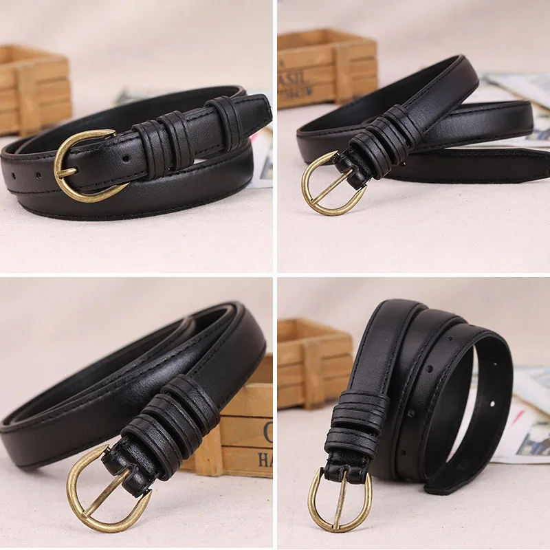 New PU Leather Thin Belt For Women Men Retro Bronze Pin Metal Buckle Waist Belt Jeans Pants Adjustable Decorative Straps Girdle