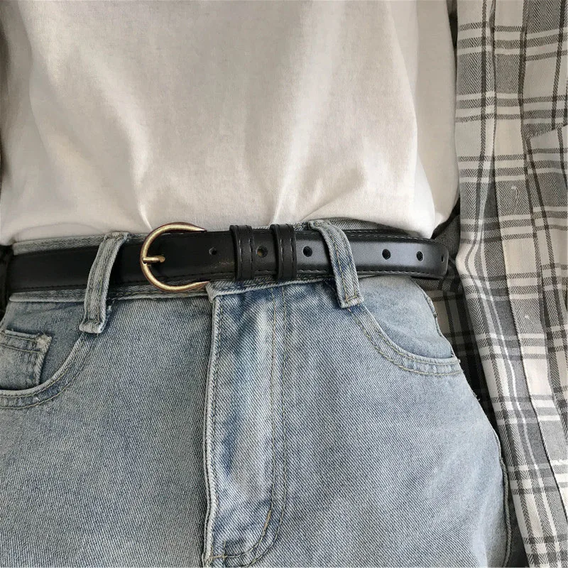 New PU Leather Thin Belt For Women Men Retro Bronze Pin Metal Buckle Waist Belt Jeans Pants Adjustable Decorative Straps Girdle