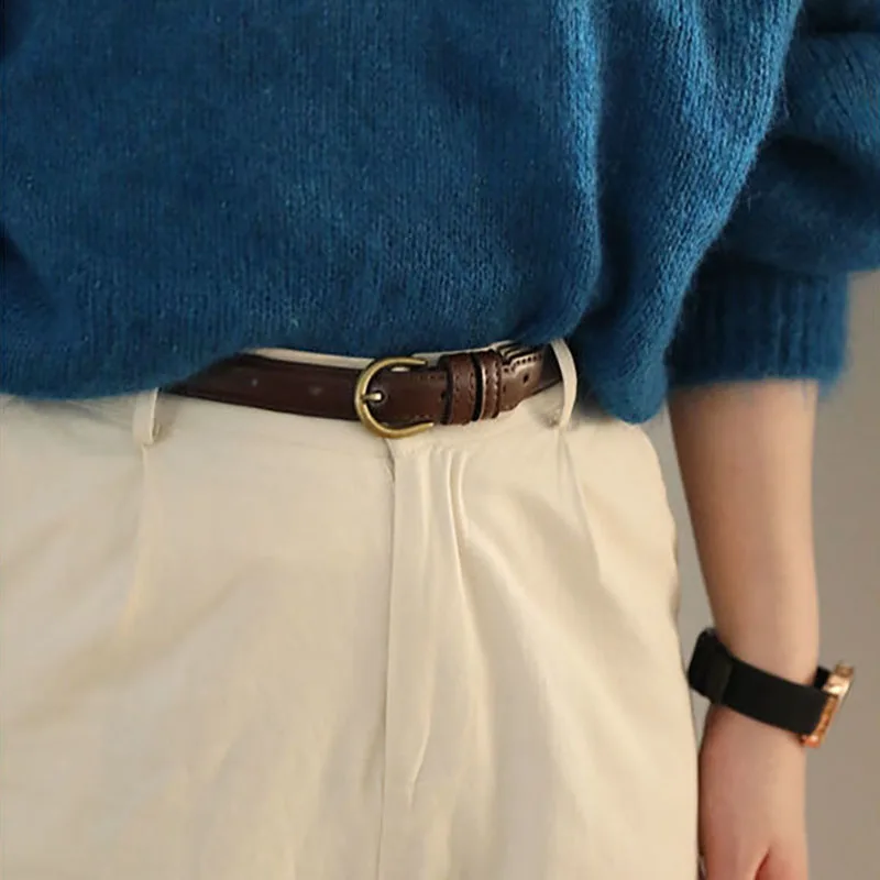 New PU Leather Thin Belt For Women Men Retro Bronze Pin Metal Buckle Waist Belt Jeans Pants Adjustable Decorative Straps Girdle