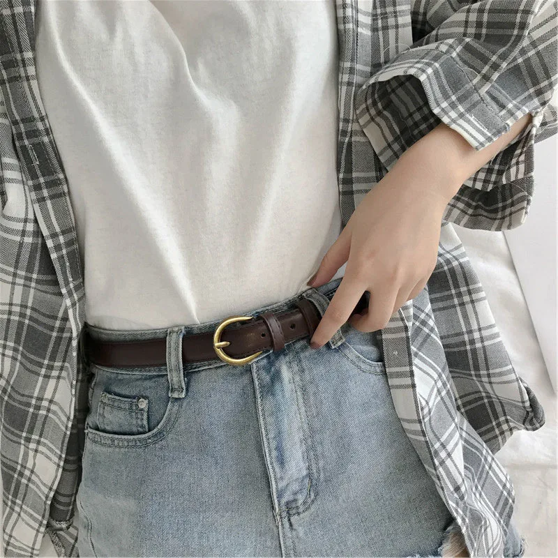 New PU Leather Thin Belt For Women Men Retro Bronze Pin Metal Buckle Waist Belt Jeans Pants Adjustable Decorative Straps Girdle