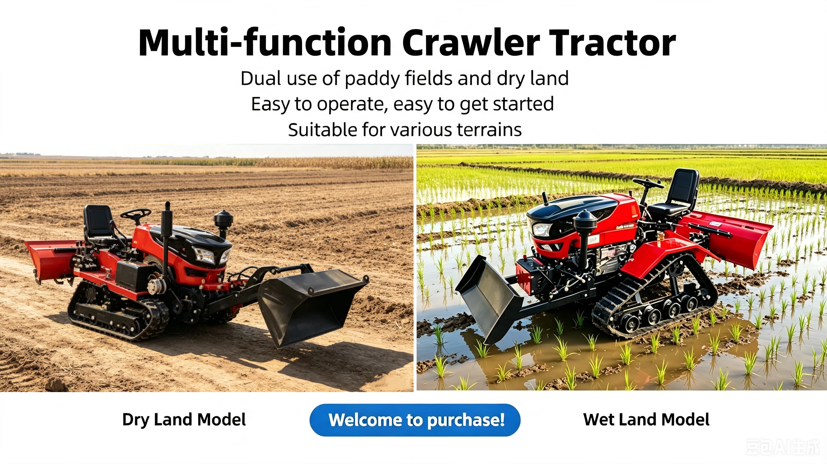 Agricultural Crawler Tractor 35HP Ride-On Rotary Tiller with Front Loader 25HP 30HP 50HP Track for Small Farm Garden Cultivation