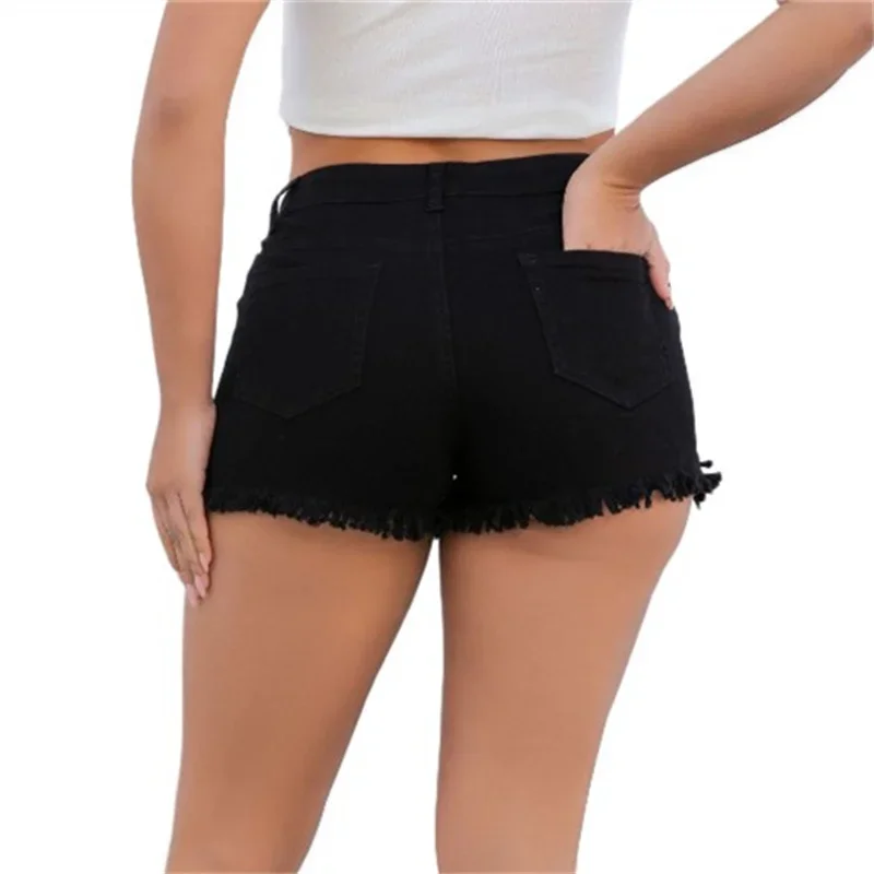 Women Summer Split Tassel Trouser Legs Denim Shorts Vintage Broken Holes Three Quarter Pants Female Casual High Waist Mini Jeans