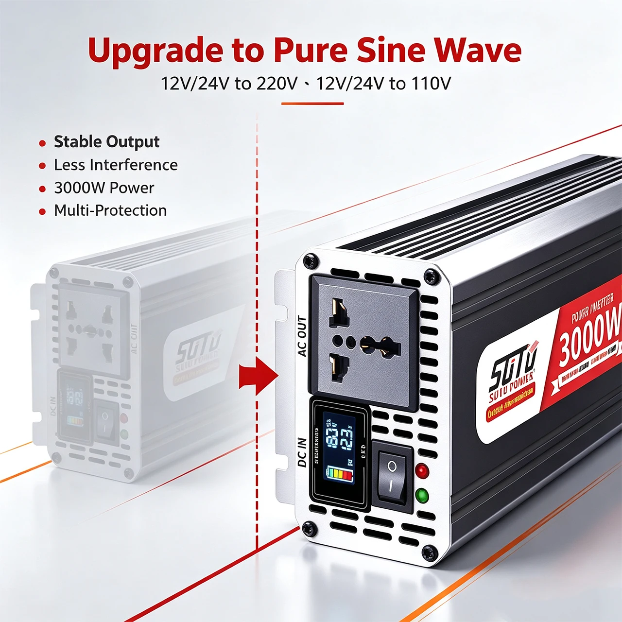 Pure Sine Wave Inverter 3000W 12V24V to 220V 50Hz to 110V 60Hz Car Home Battery Solar Power Converter Universal Socket