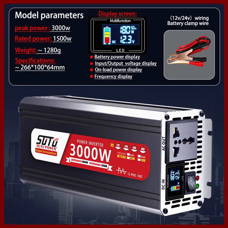 Pure Sine Wave Inverter 3000W 12V24V to 220V 50Hz to 110V 60Hz Car Home Battery Solar Power Converter Universal Socket