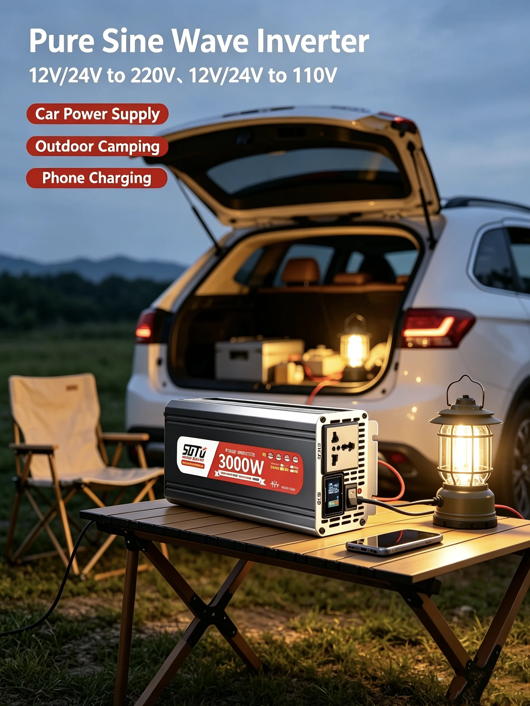 Pure Sine Wave Inverter 3000W 12V24V to 220V 50Hz to 110V 60Hz Car Home Battery Solar Power Converter Universal Socket