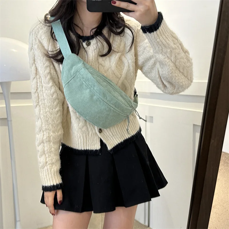 Corduroy Women Waist Bag Canvas Student Shoulder Crossbody Chest Bag 2026 Fanny Pack Fashion Phone Banana Female Bum Belt Bags