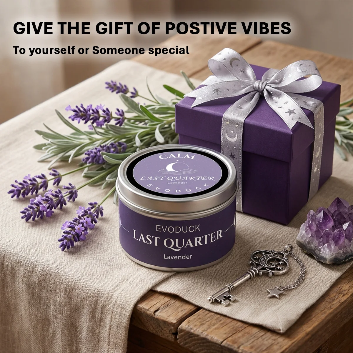 Waning Moon Scented Candle Soy Wax Lavender Scented Candles Silver Tin with Purple Crystal Chips Bestfriend Gifts Gift for Woman