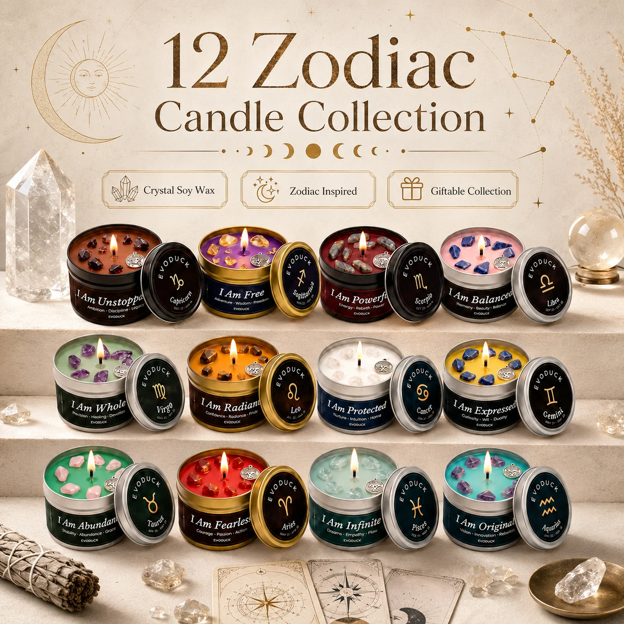 12 Zodiac Candles Set Astrology Scented Soy Candles with Healing Crystal Gemstones 3oz Tin Affirmation Meditation Gift for Women