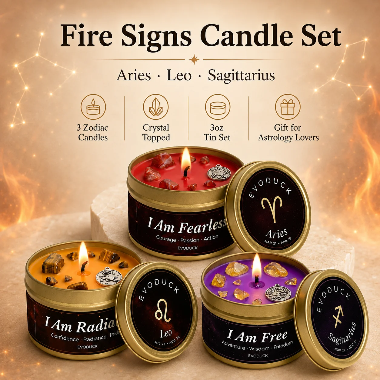 12 Zodiac Candles Set Astrology Scented Soy Candles with Healing Crystal Gemstones 3oz Tin Affirmation Meditation Gift for Women