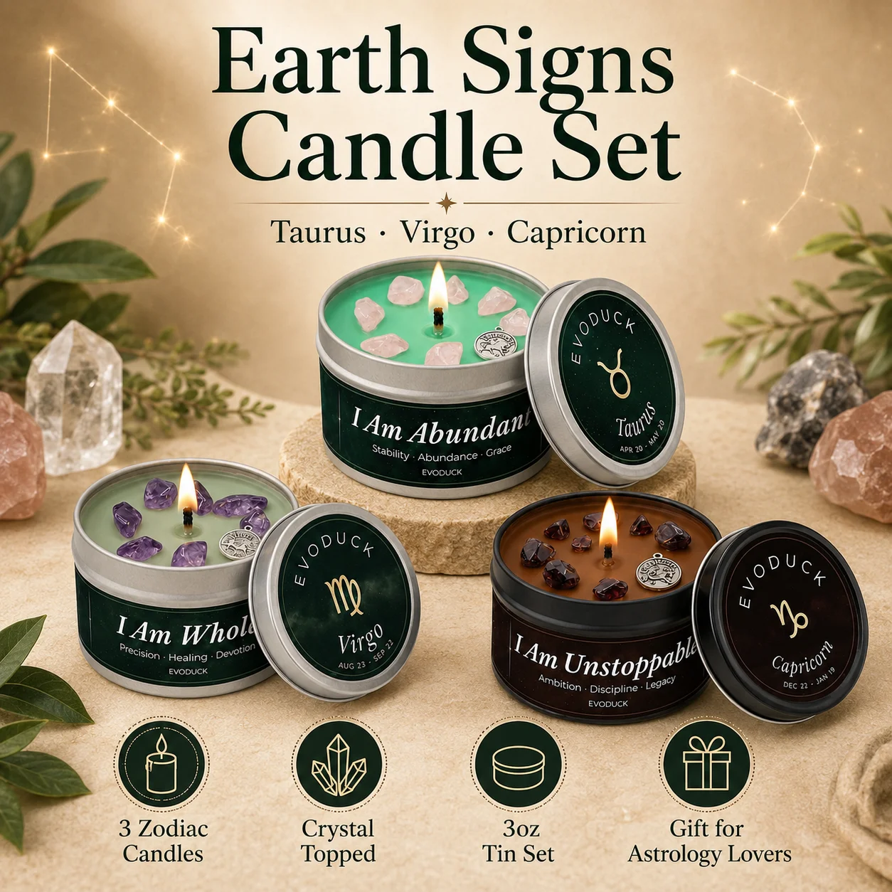 12 Zodiac Candles Set Astrology Scented Soy Candles with Healing Crystal Gemstones 3oz Tin Affirmation Meditation Gift for Women