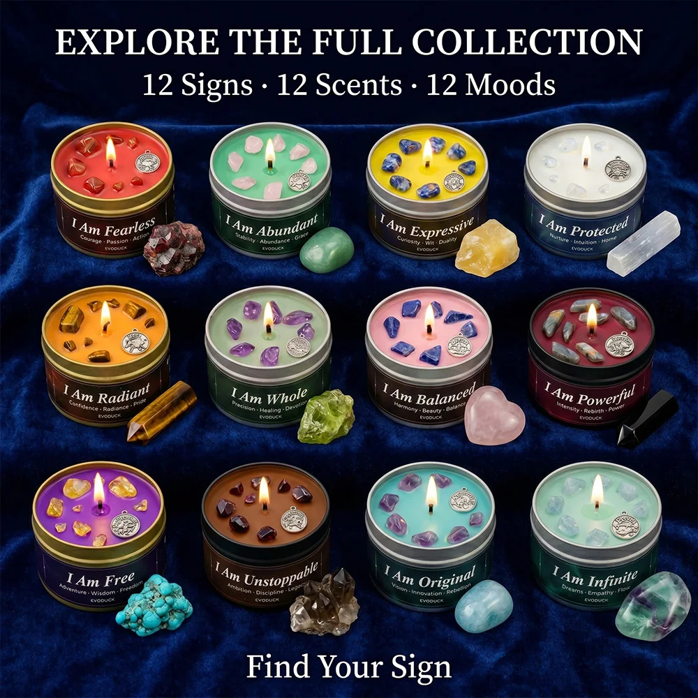 12 Zodiac Candles Set Astrology Scented Soy Candles with Healing Crystal Gemstones 3oz Tin Affirmation Meditation Gift for Women