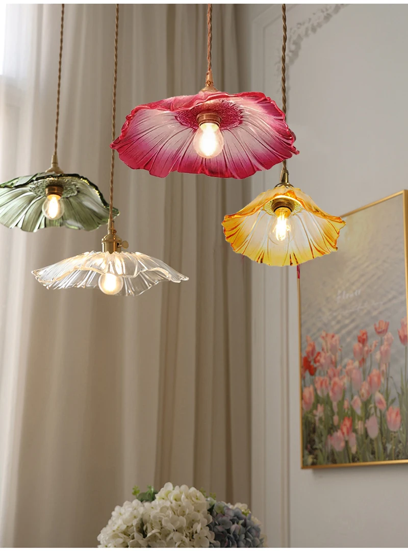 Vintage Pendant Lights Flower Glass Hanging Lamps Home Decoration Lighting Living Room Bedroom Bedside Light Fixture Indoor Shop