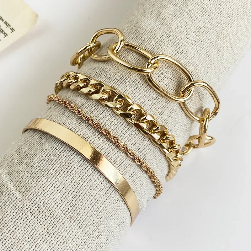 Bohemian Metal Chain Bracelet Set For Women Geometric Gold Color Thick Link Chain Open Bangle Female Fashion Jewelry