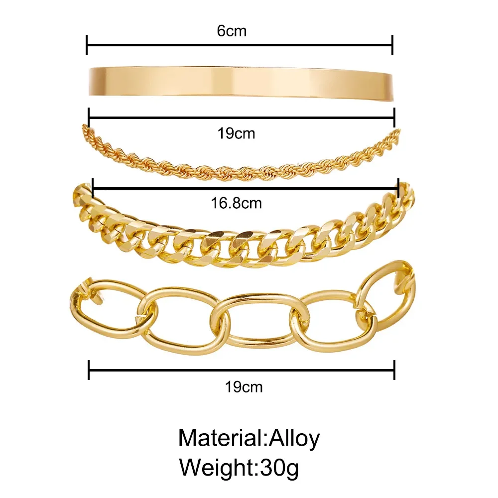 Bohemian Metal Chain Bracelet Set For Women Geometric Gold Color Thick Link Chain Open Bangle Female Fashion Jewelry