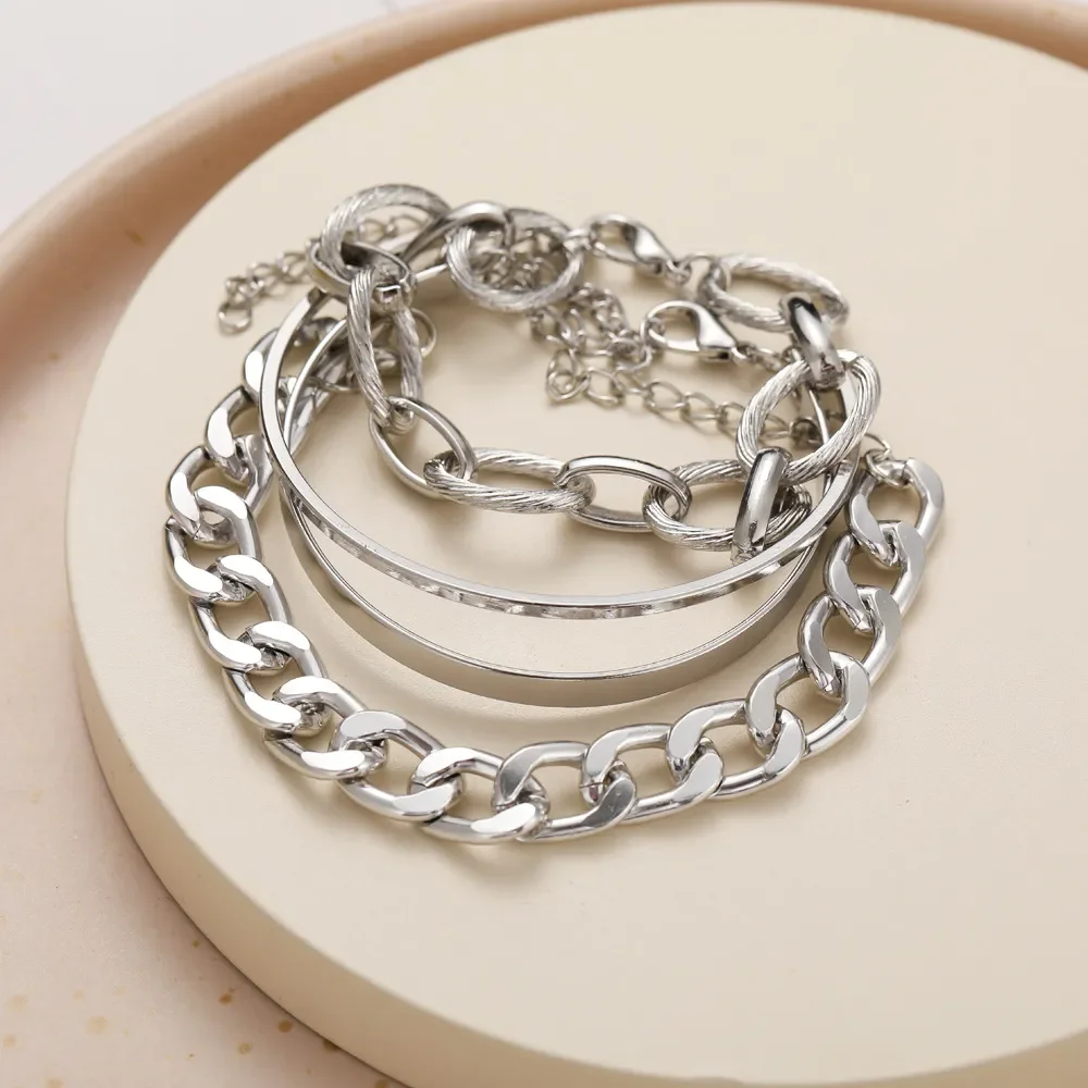 Bohemian Metal Chain Bracelet Set For Women Geometric Gold Color Thick Link Chain Open Bangle Female Fashion Jewelry