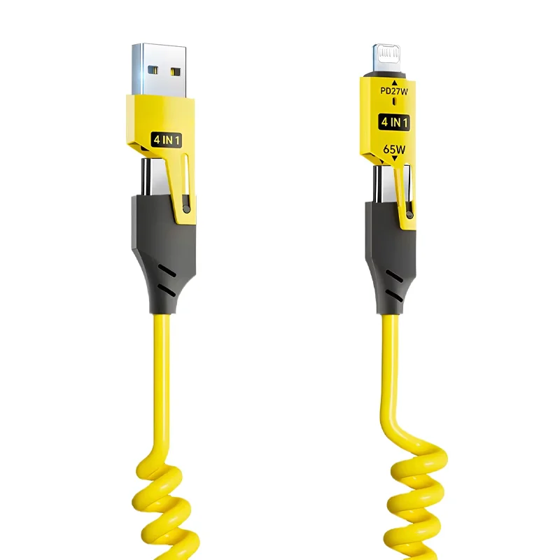 65W Quick Charger Spring USB Cable 4 in 1 Spring Data Cable 6A USB Type C Spring Telescopic Wire for iPhone iPad MacBook Huawei