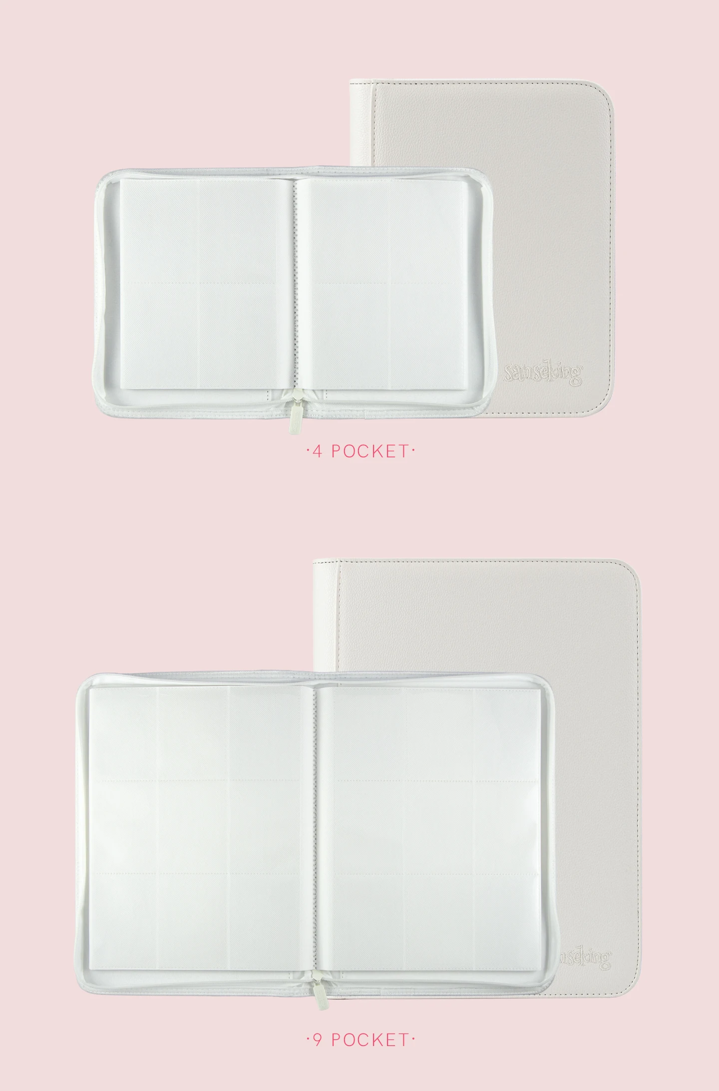 Sanseking Premium Zipper 4/9/12 Pocket PU Card Binder - Aesthetic Pink & White Album for Pokemon Cards, Game Collection & Fan