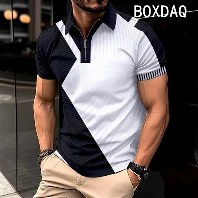 Men's Summer Short Sleeve Lapel Zipper Collar Polo Shirt Fashion Minimalist Casual Polo Shirt 3D Color Splicing Polo Shirt Tops