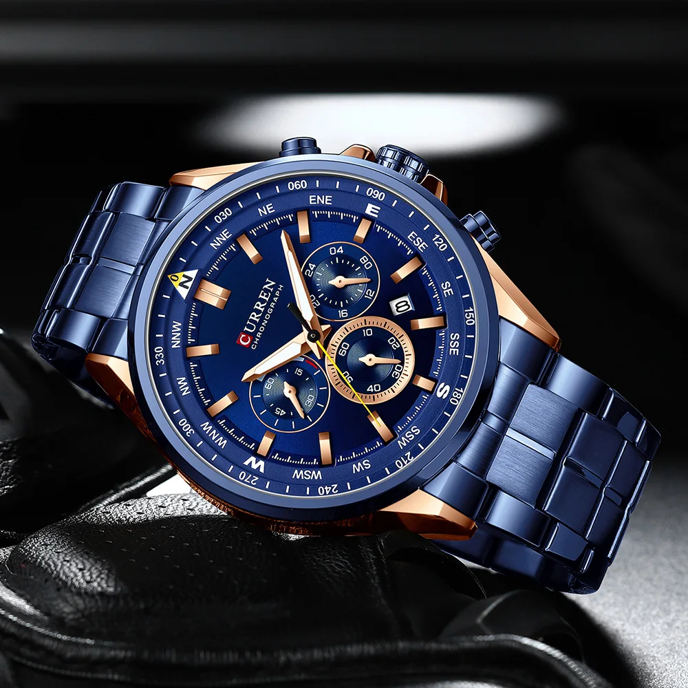 CURREN Luxury Brand Watches for Men Casual Sporty Quartz Wristwatch with Stainless Steel Band Chronograph Clock Male Silver