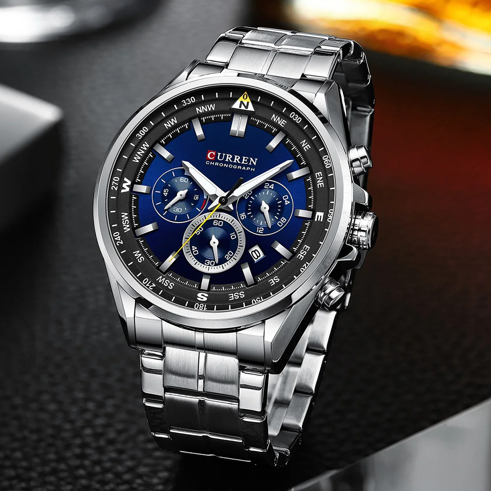 CURREN Luxury Brand Watches for Men Casual Sporty Quartz Wristwatch with Stainless Steel Band Chronograph Clock Male Silver